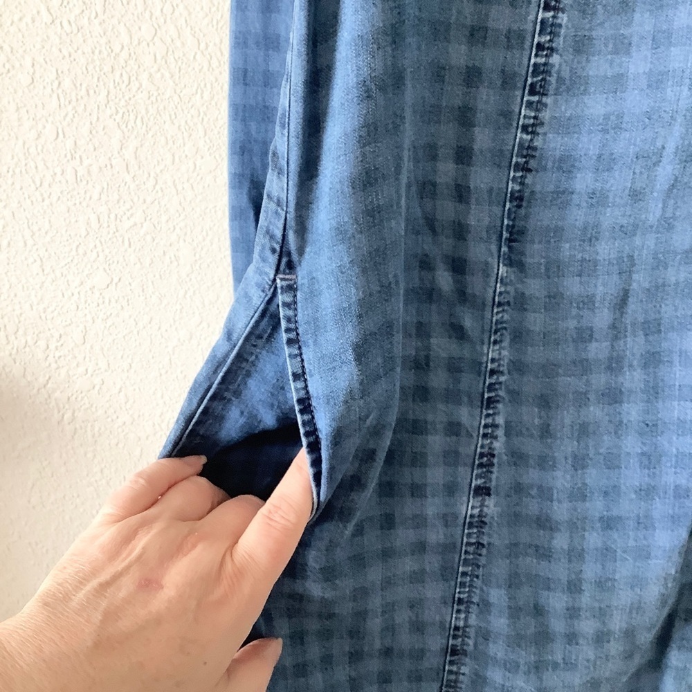 Chambray Shirtdress M Roll-Tab Sleeve Gingham Check Coastal Preppy Tomato Girl - Picture 6 of 12